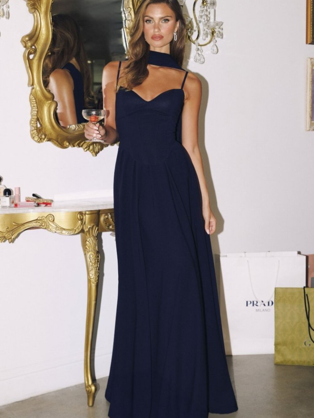 NEW NAVY Evening Gown Floor Length Formal Elegant Stunning T711